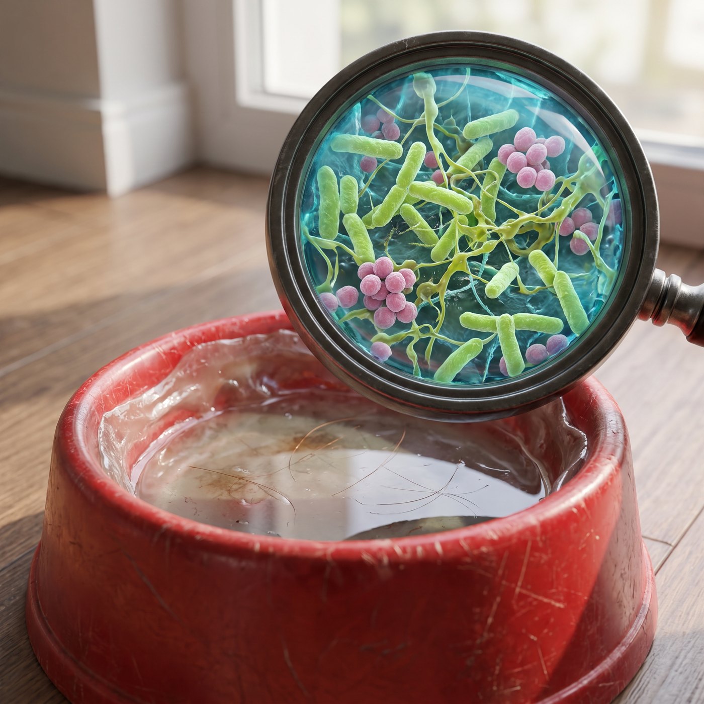 Close-up of slimy biofilm on the inside of a dog water bowl