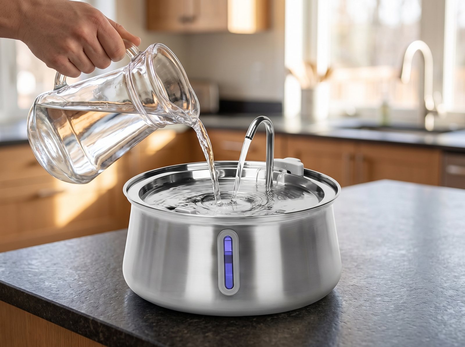 Water being poured into a stainless FreshStream fountain on a kitchen counter