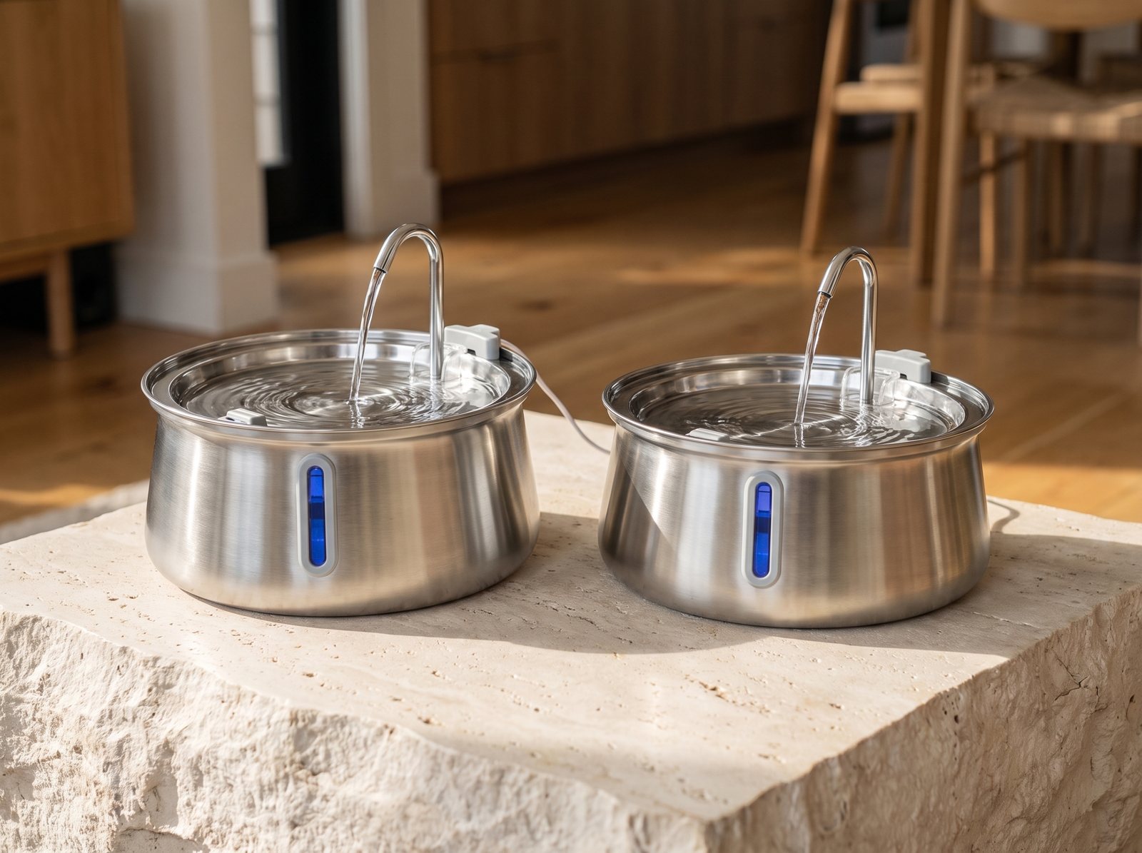 Plug-in and wireless FreshStream fountains side by side