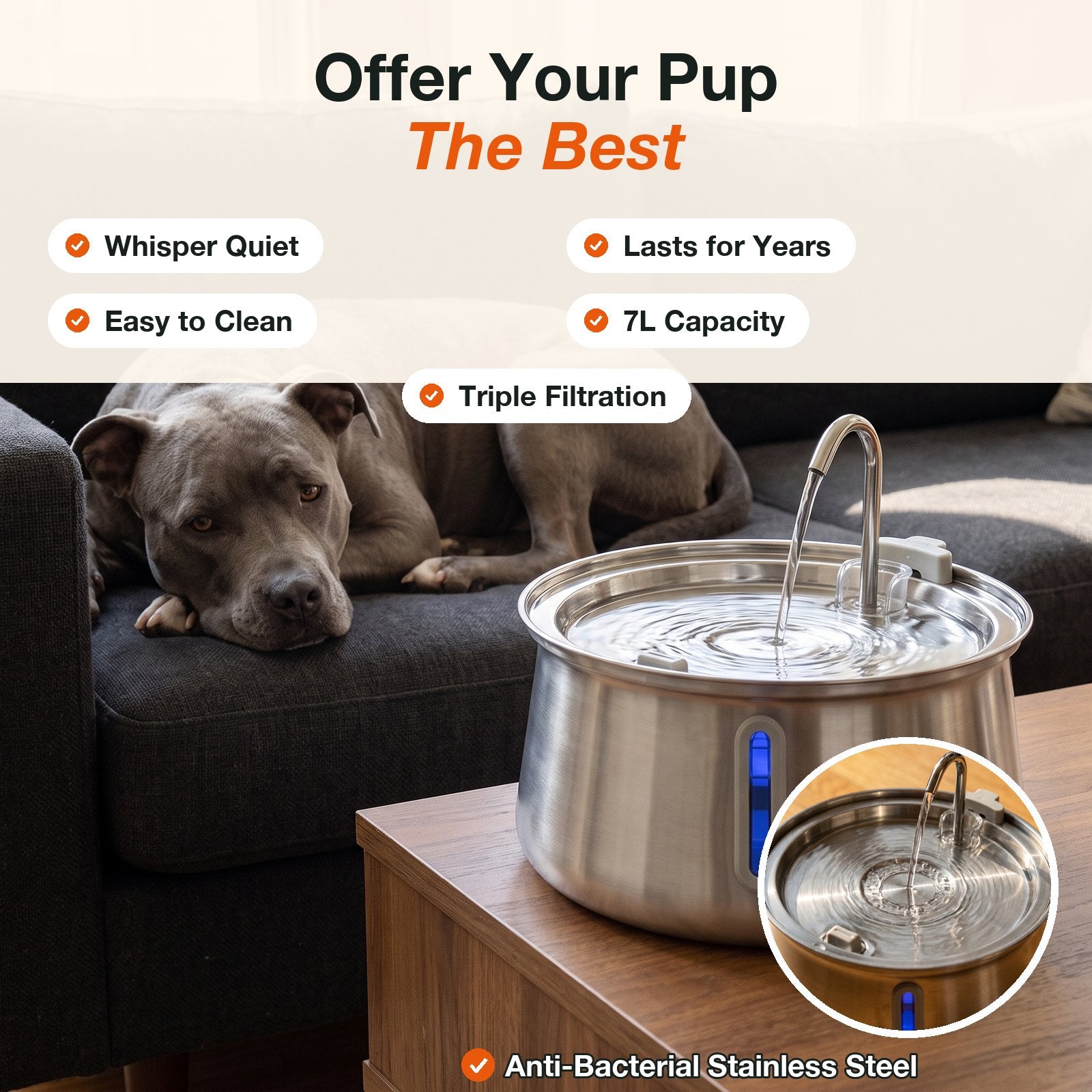 FreshStream features: whisper quiet, easy to clean, 7L, triple filtration, anti-bacterial steel