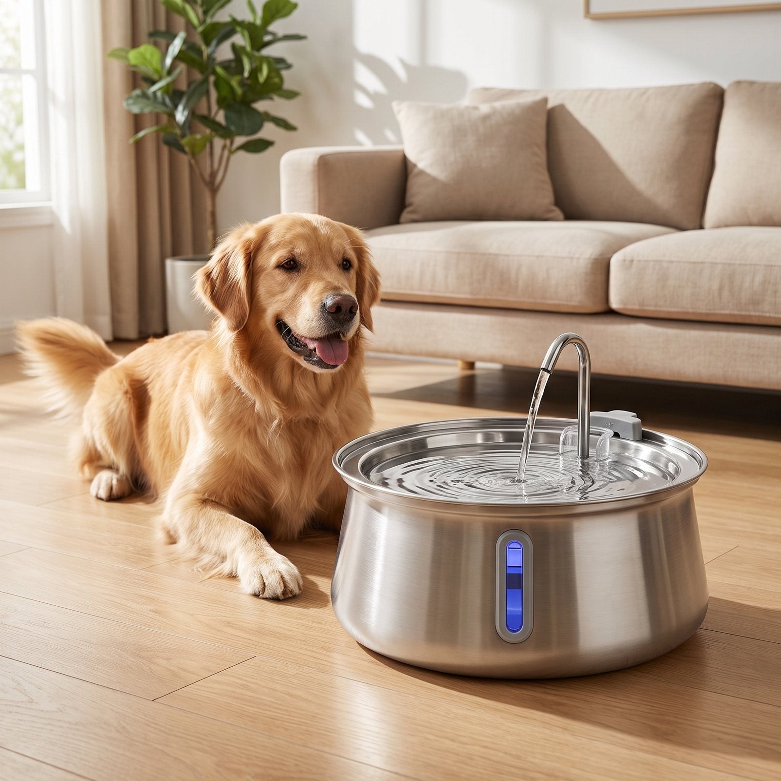 Golden retriever lying beside a FreshStream stainless steel fountain in a bright living room