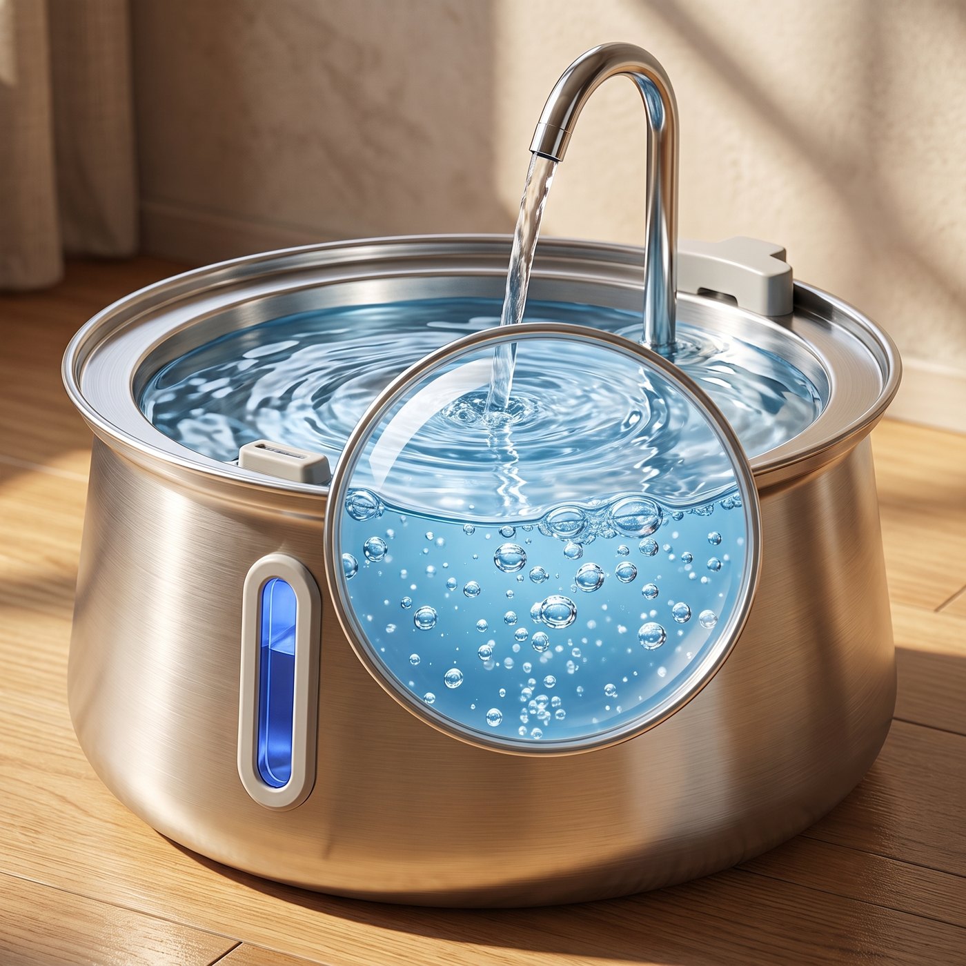 Clear moving water in a stainless steel dog fountain
