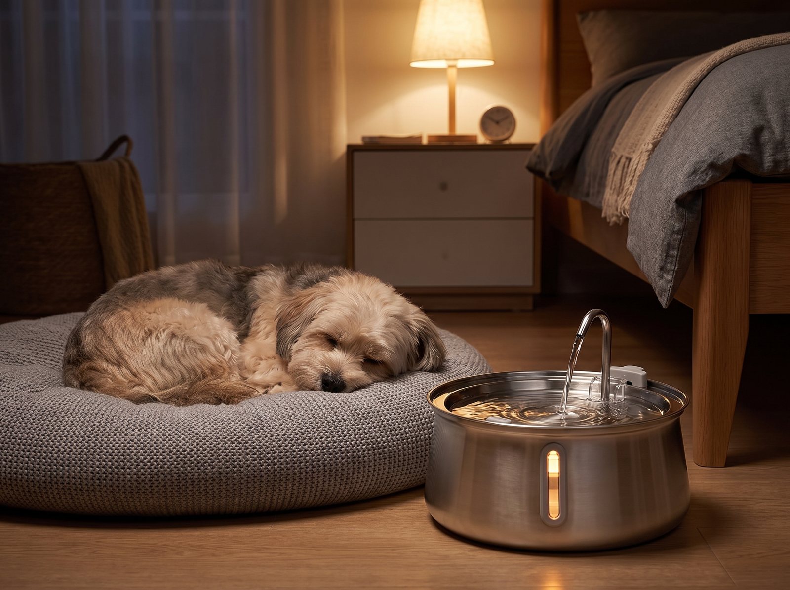 FreshStream fountain in a quiet bedroom at night