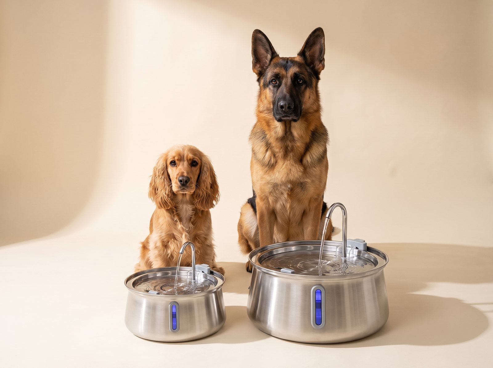 4L and 7L FreshStream fountains next to a small dog and a big dog