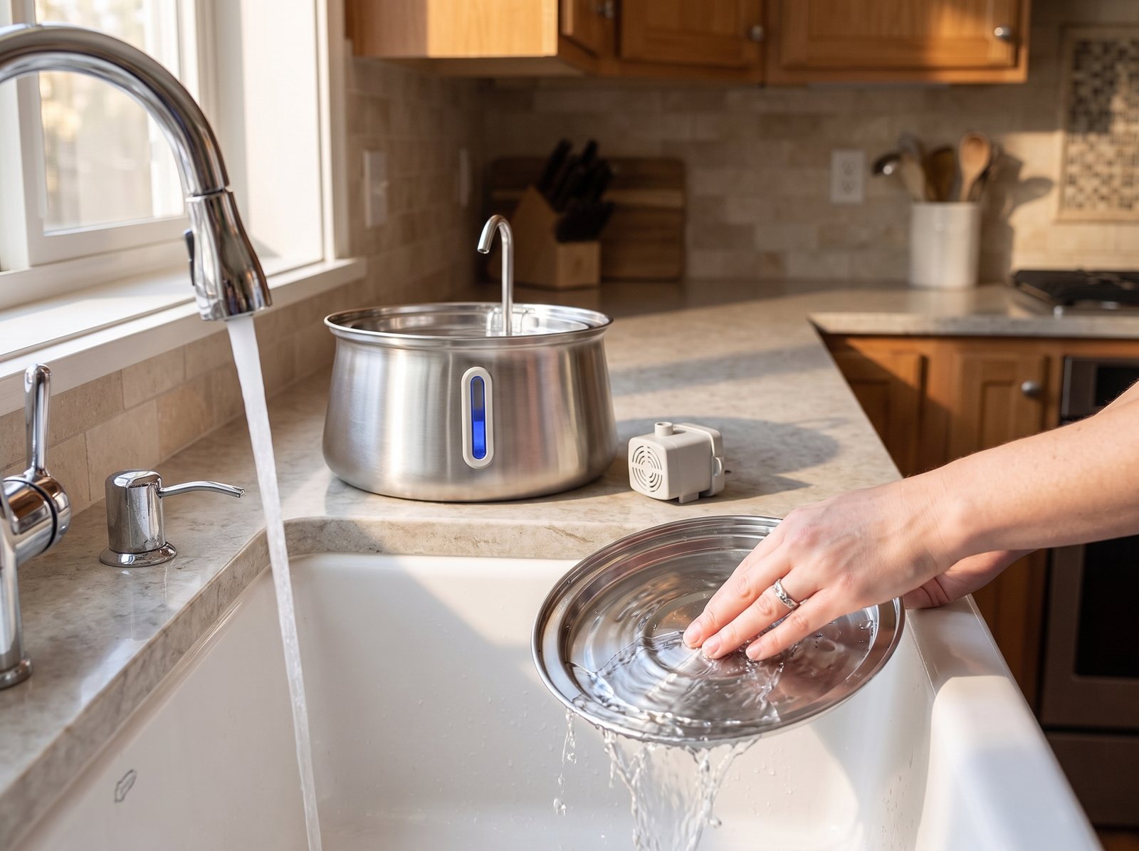 FreshStream fountain parts being rinsed in a kitchen sink