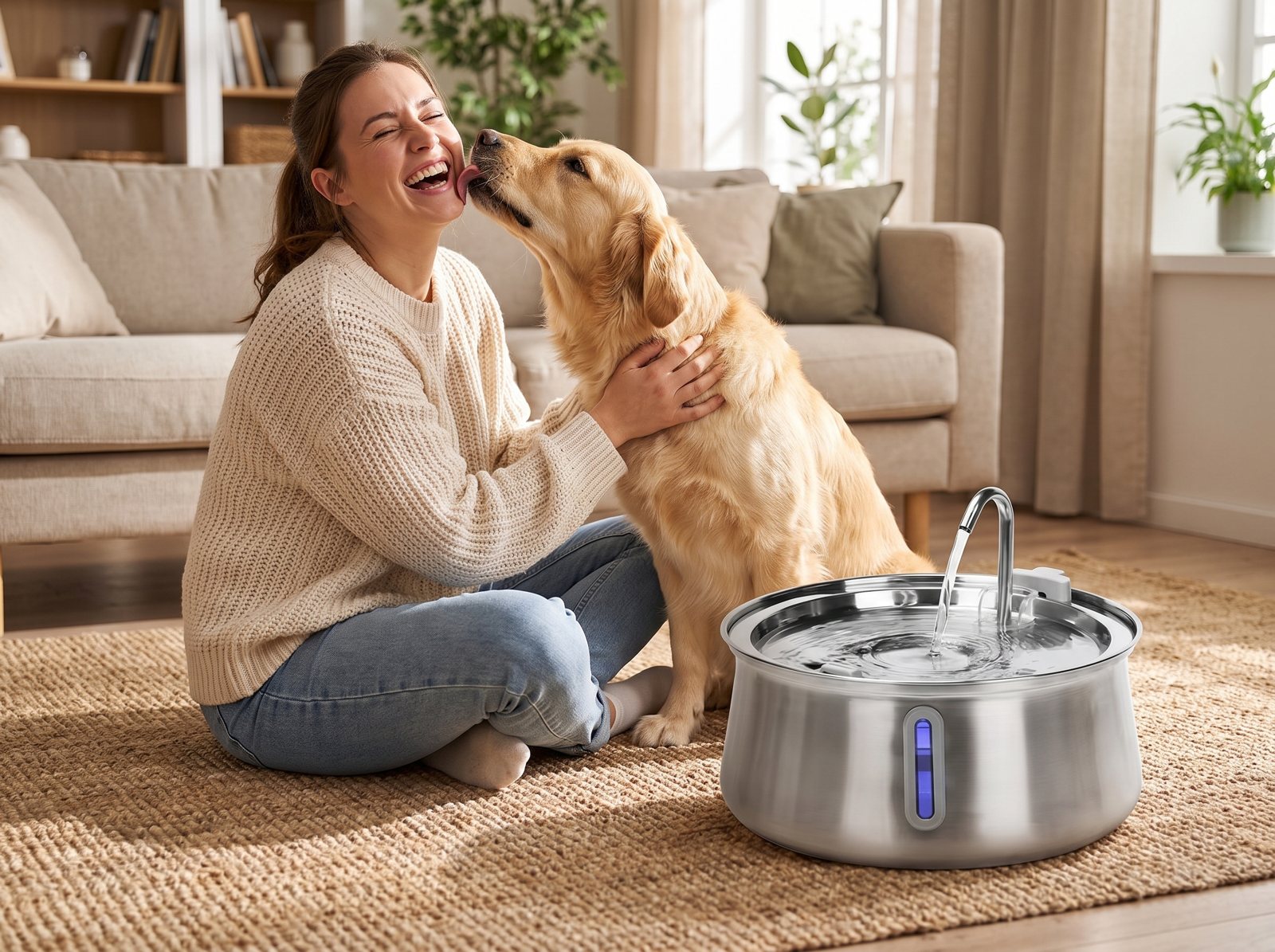 Dog owner laughing on the rug with her dog beside a FreshStream stainless fountain