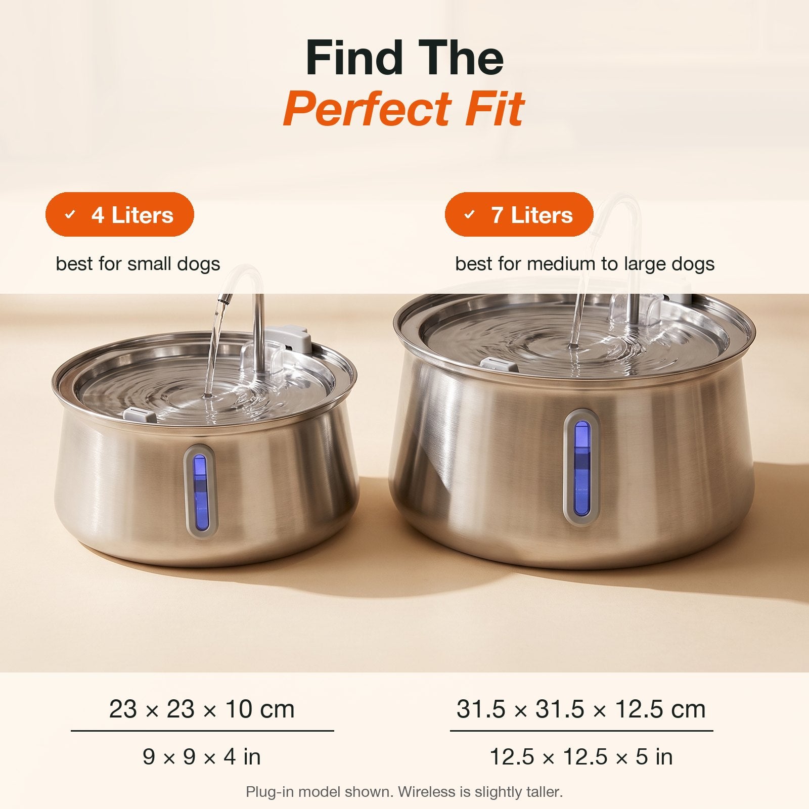 Size guide: 4L for small dogs, 7L for medium to large dogs, with dimensions