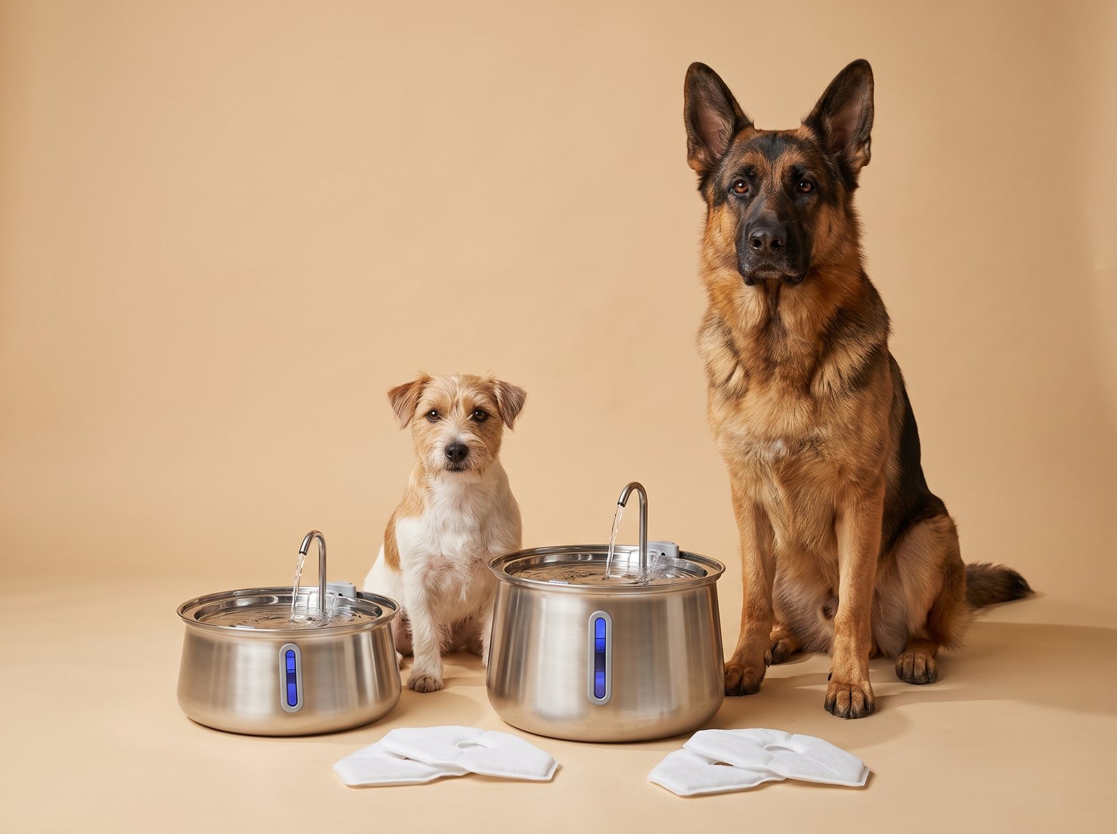 A small dog and a big dog sitting behind two DryWag FreshStream stainless steel water fountains