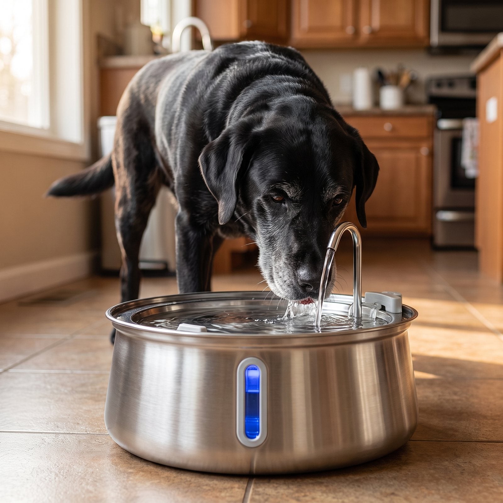Senior Labrador drinking from a FreshStream fountain without stooping