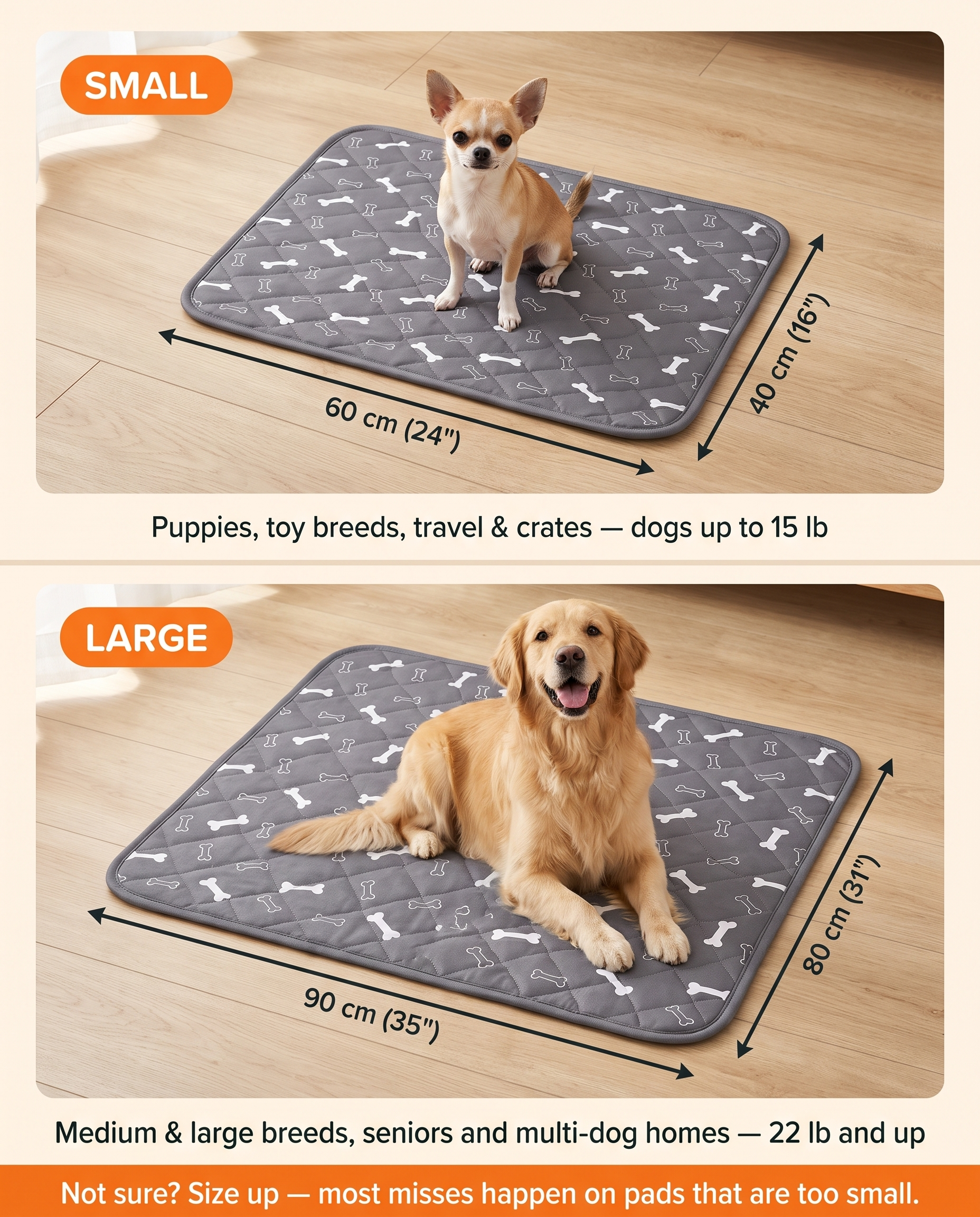 DryWag size guide: Small 40x60cm for dogs up to 15 lb, Large 80x90cm for 22 lb and up